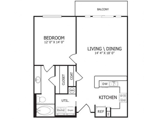 Floor plan for 1 bed, 1 bath, 729 sqft